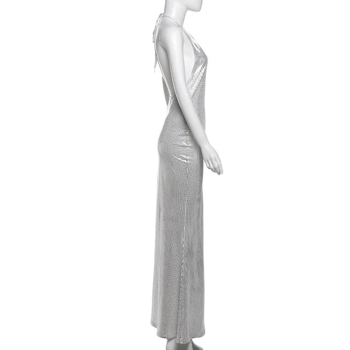 Maxi Dress with Collar, Open Back, and Sparkling Square Design - Casey