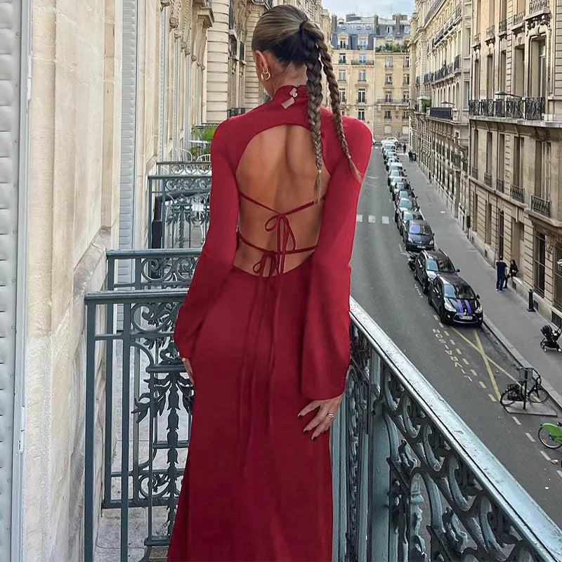 Maxi Dress with Open Back and Turtleneck - Taya
