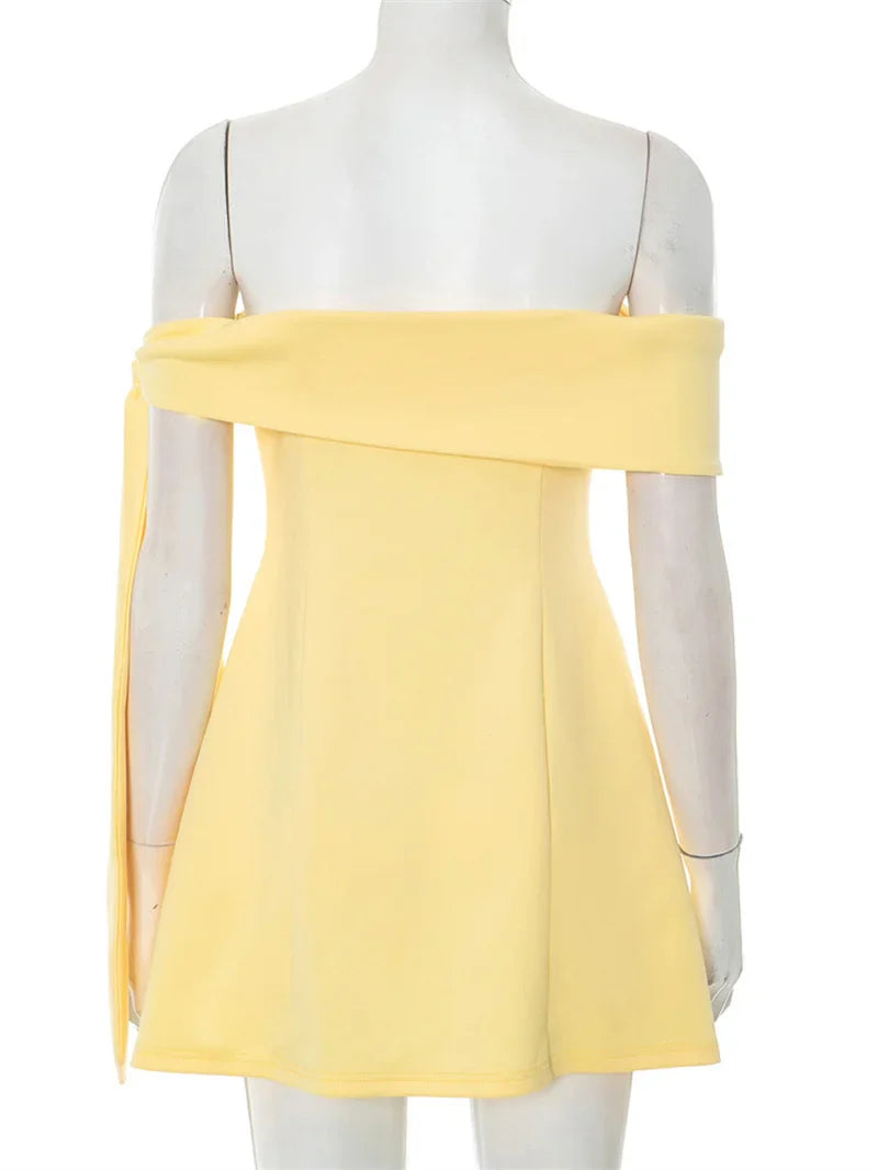 Mini A-line dress with bare shoulders decorated with tie - Sheli