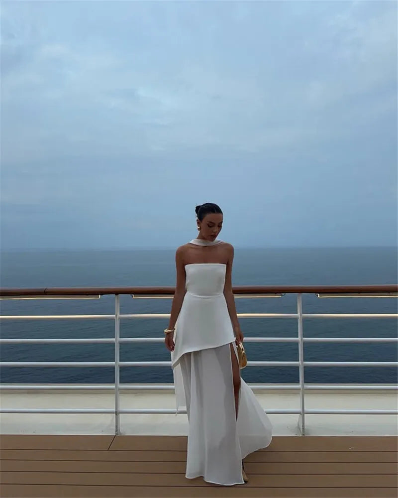 Strapless Maxi Dress with Chiffon Bottom, Slit Design, and Matching Scarf Detail - Princess
