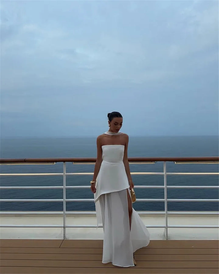 Strapless Maxi Dress with Chiffon Bottom, Slit Design, and Matching Scarf Detail - Princess