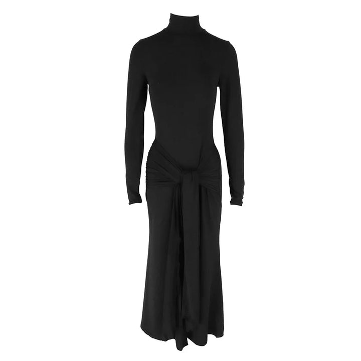 Maxi Dress with Turtleneck Collar, Gathered Design, and Tie - Margarita