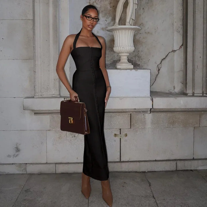 Fitted Maxi Dress with Pin Closure and Open Back - Natasha
