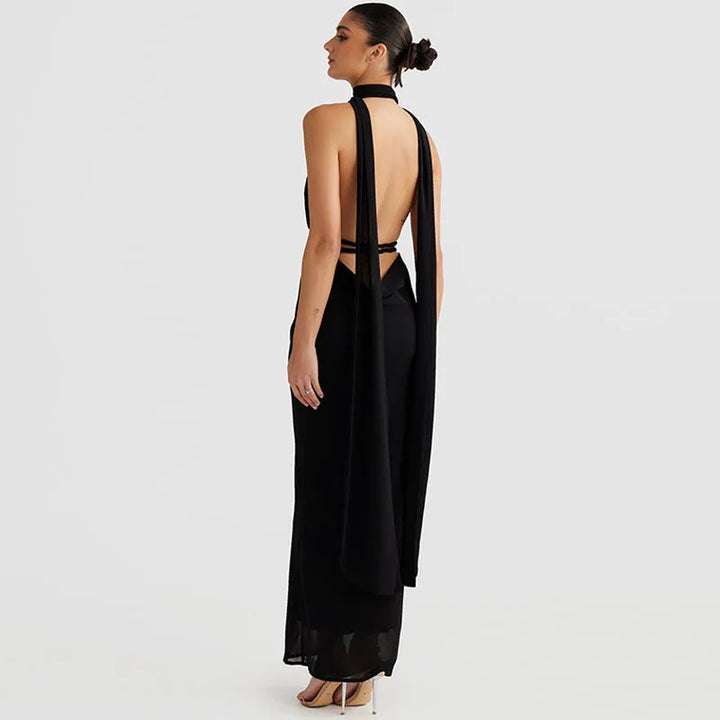 Maxi evening dress with open back and deep neckline - Adelina