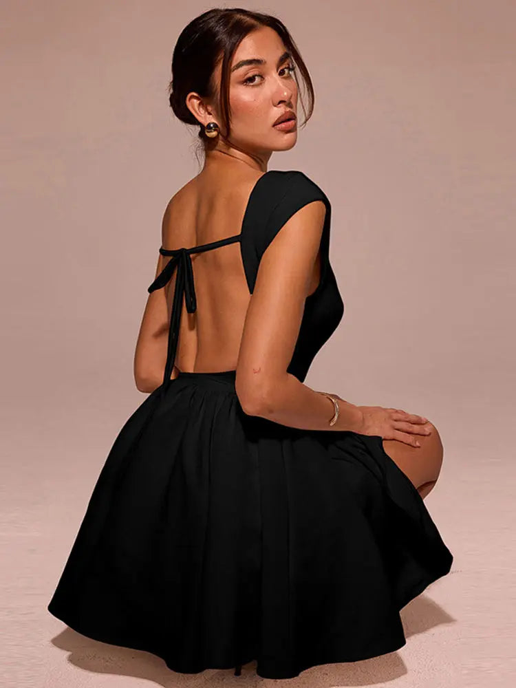 Linen Mini Dress in A-Line with Open Back - Marilyn