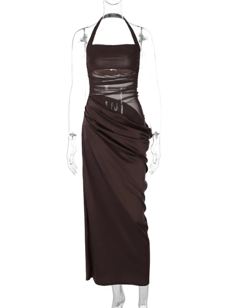 Satin Maxi Dress with Gathered Mesh Top and Open Back - Arya
