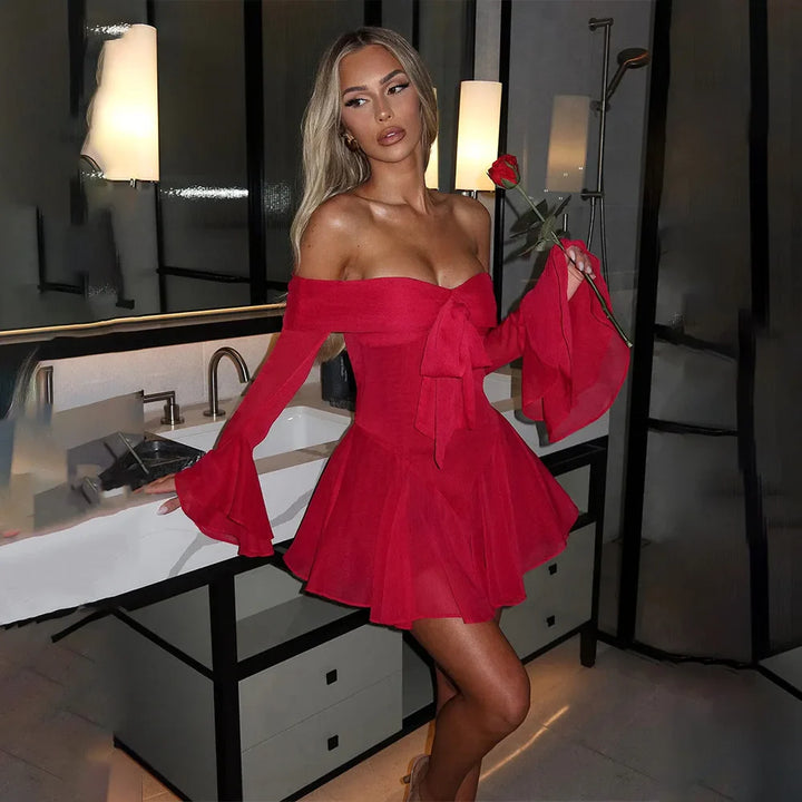 A-line Chiffon Mini Dress with Off-Shoulder - Lilyana