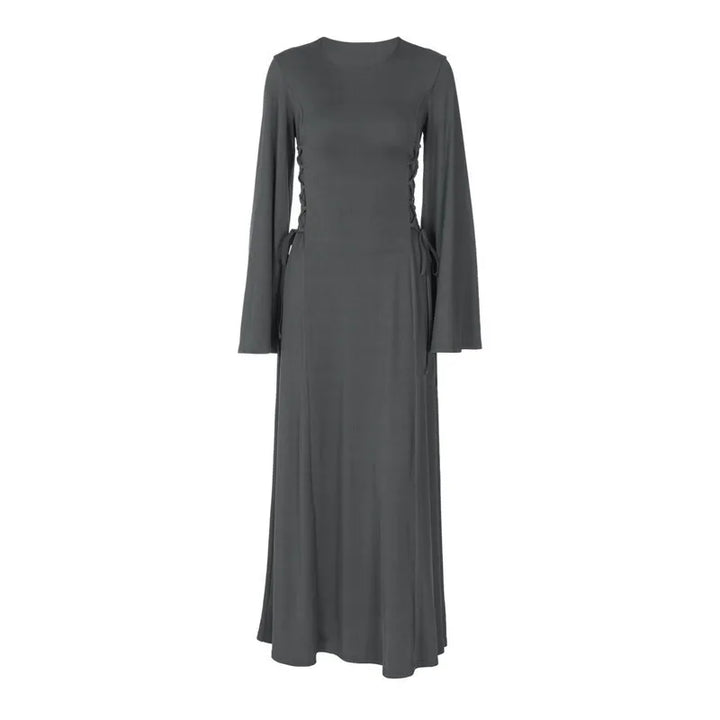 Modest knitted A-line maxi dress with waist ties - Liri