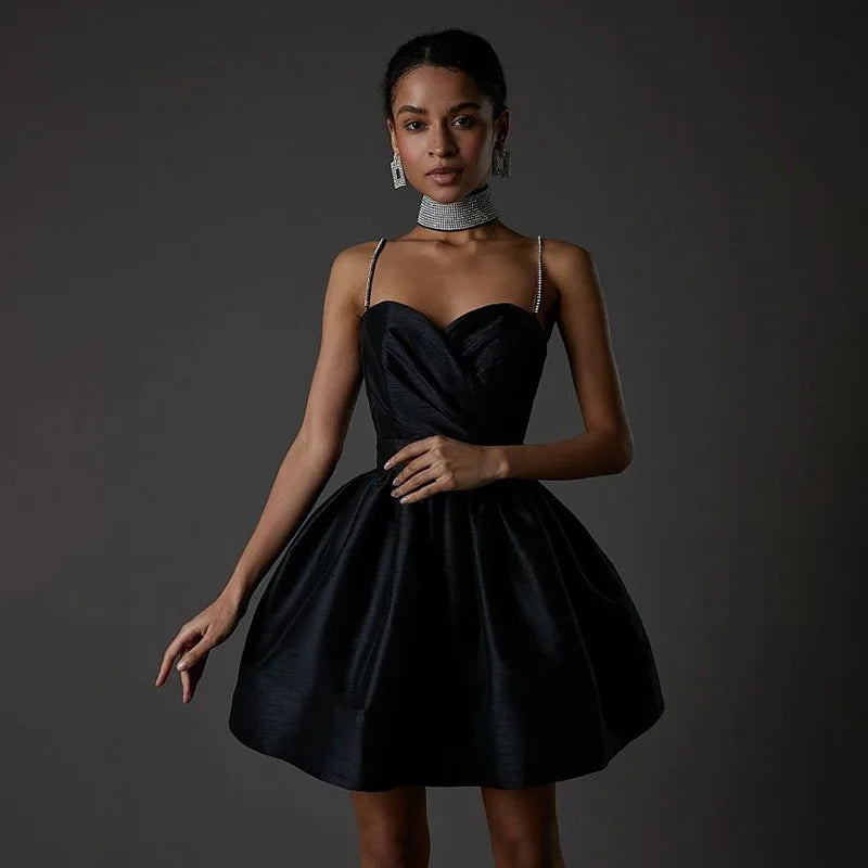 A-Line Satin Mini Dress with Sequin Straps - Miel