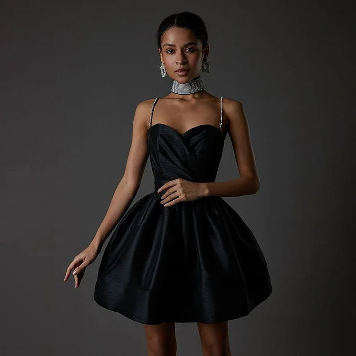 A-Line Satin Mini Dress with Sequin Straps - Miel