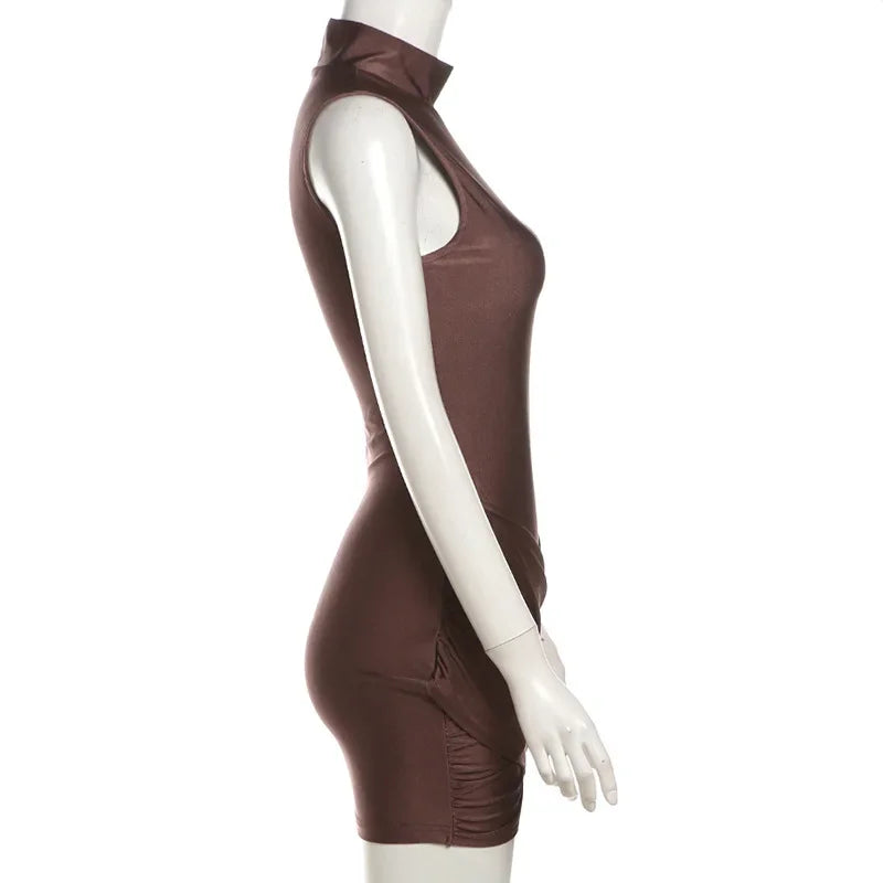 Mini Dress with Turtleneck, Shiny Fabric, Cross Ruching Design - OR