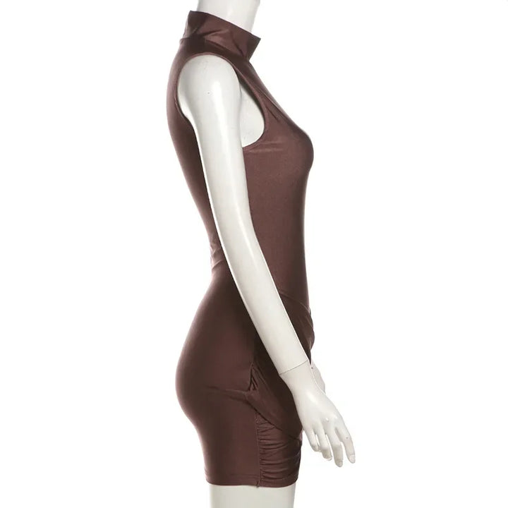 Mini Dress with Turtleneck, Shiny Fabric, Cross Ruching Design - OR
