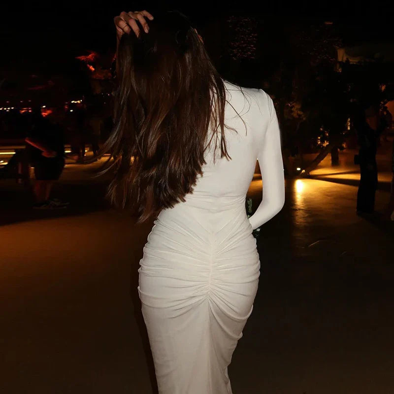 Maxi Dress with Gathered Turtleneck Collar and Slit Embellishment - Brianna