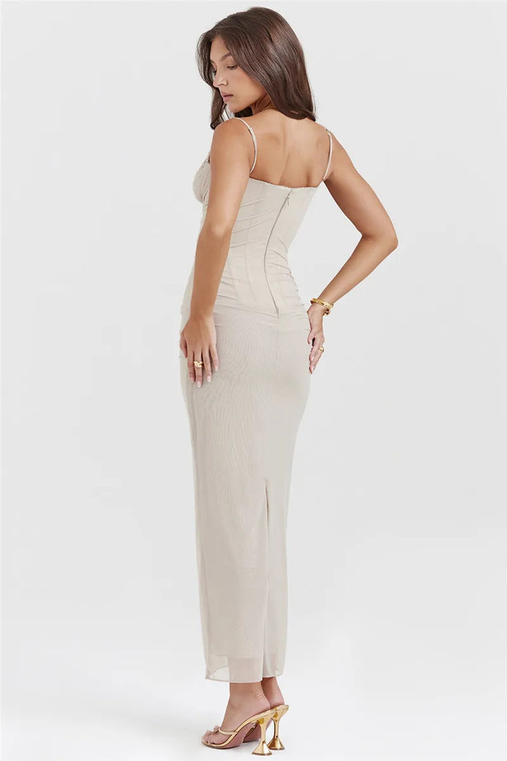 Fitted Maxi Chiffon Dress with Lace Details - Rosalia