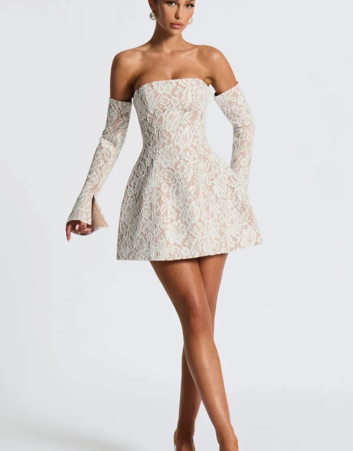 Lace mini dress in A-line cut with matching sleeve details - Ann