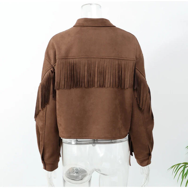 Suede Jacket with Fringe Design - Brown