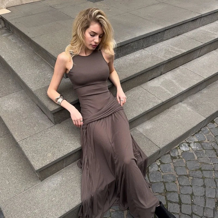 Maxi dress with pleats and tie boho chic design - Dalila