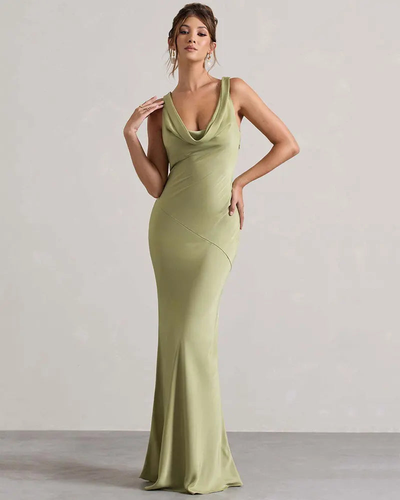 Maxi satin dress with draped collar and open back - Alexis