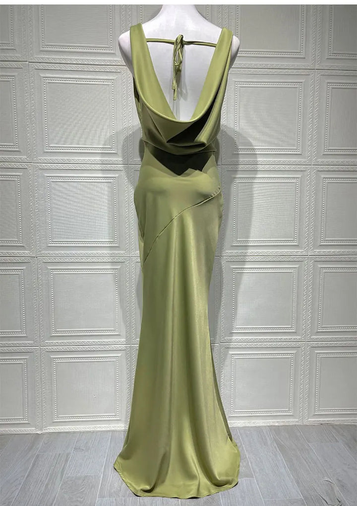 Maxi satin dress with draped collar and open back - Alexis