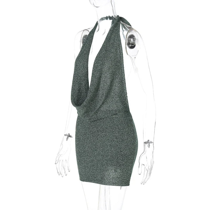 Knitted Sequin Mini Dress with Dropped Collar and Open Back - Kesem