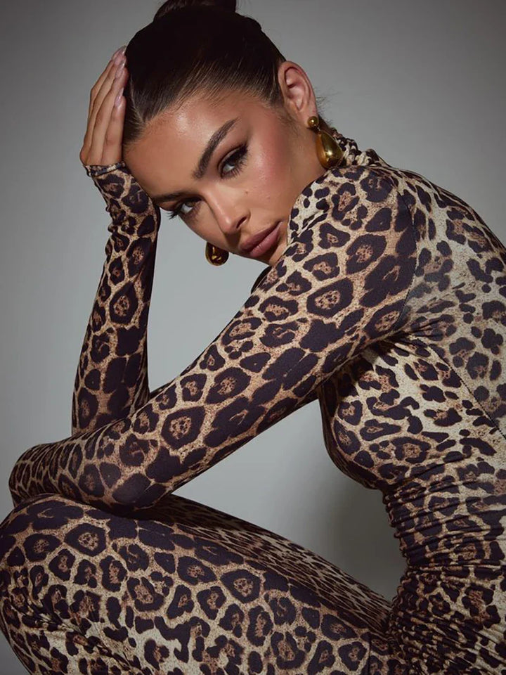 Leopard print maxi dress with turtleneck - Madlen