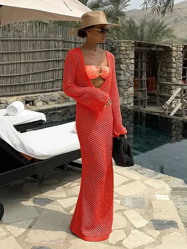 Mesh Maxi Beach Dress with Open Chest/Back - Amber