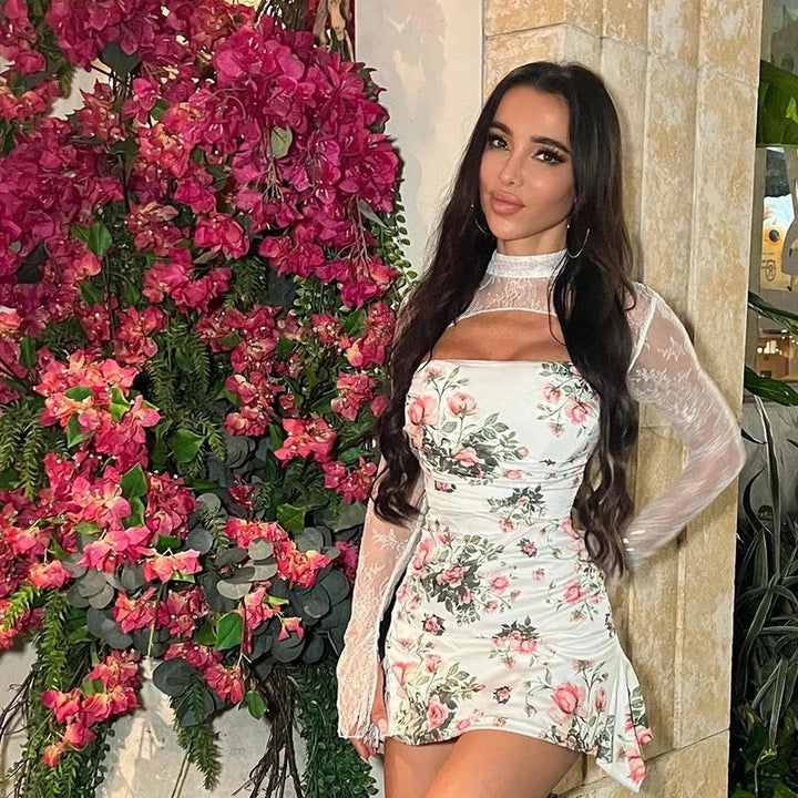 Floral mini dress with lace decoration - Sigal