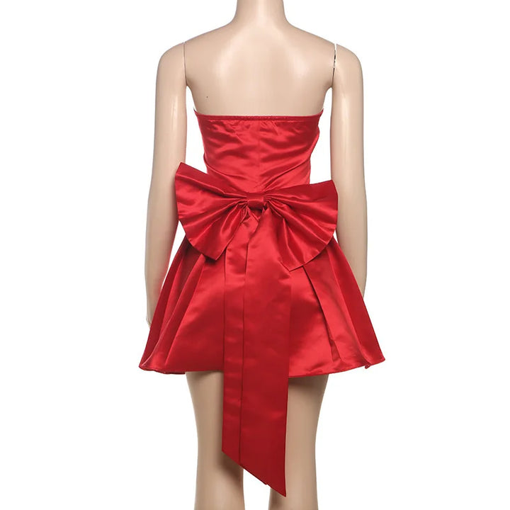 Strapless satin mini dress in A-line cut with back bow detail - Taisia