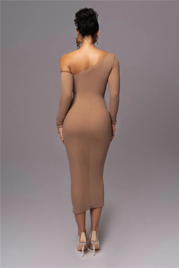 Midi ruched dress with asymmetrical neckline - LOV