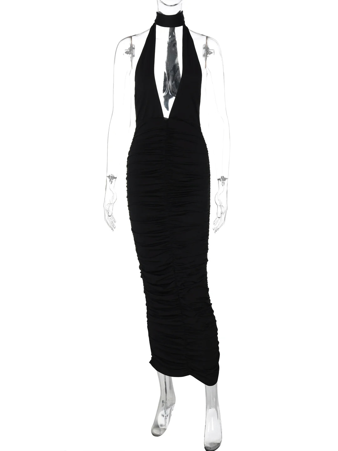 Maxi Dress with Collar, Ruching, Fitted V-Neck, Open Back - Jimena