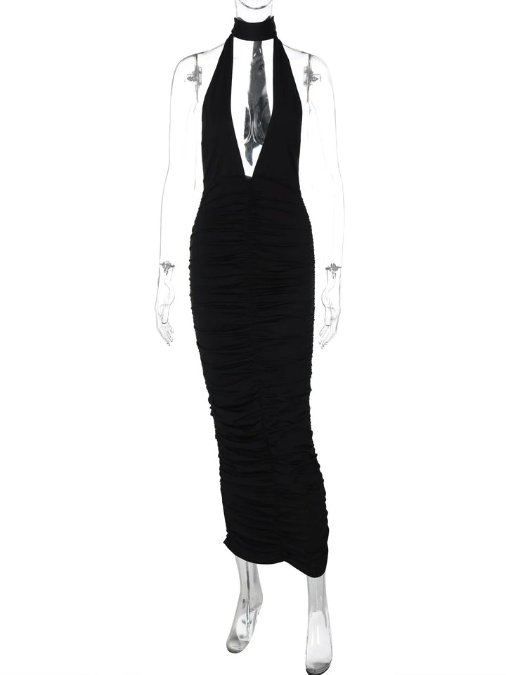Maxi Dress with Collar, Ruching, Fitted V-Neck, Open Back - Jimena