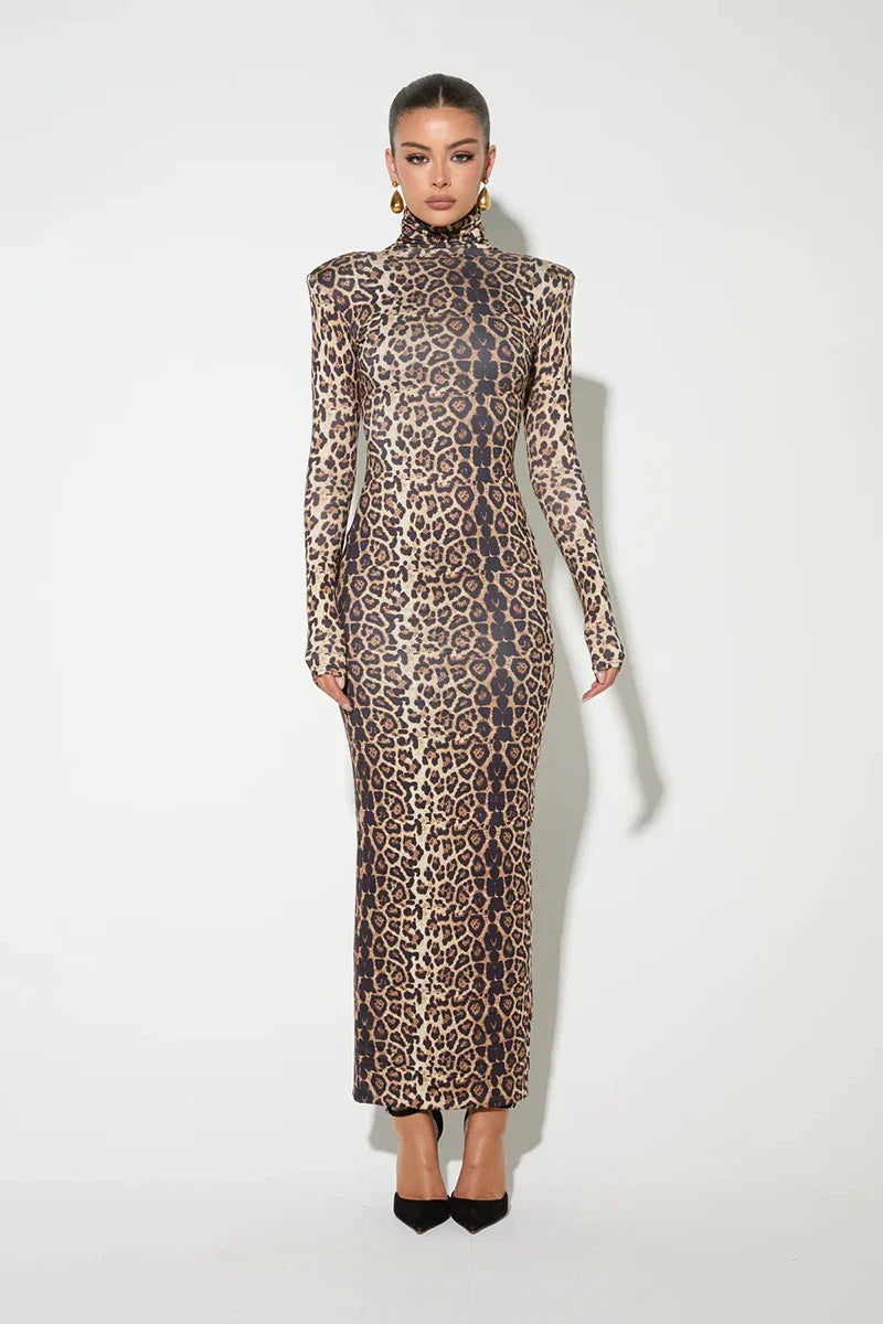 Leopard print maxi dress with turtleneck - Madlen