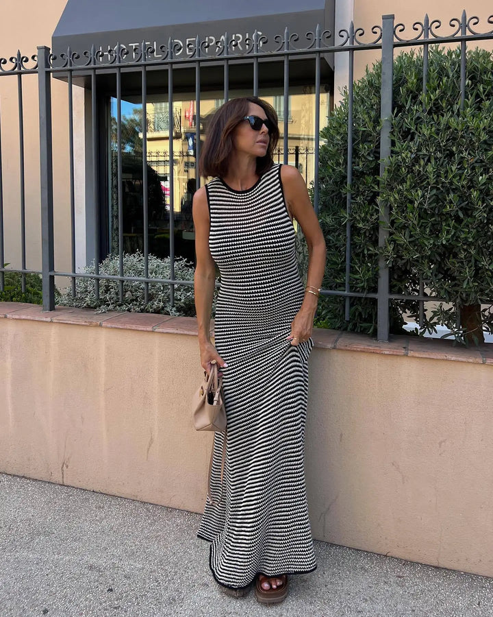 Knitted Maxi Dress with Black and White Stripes - Erica