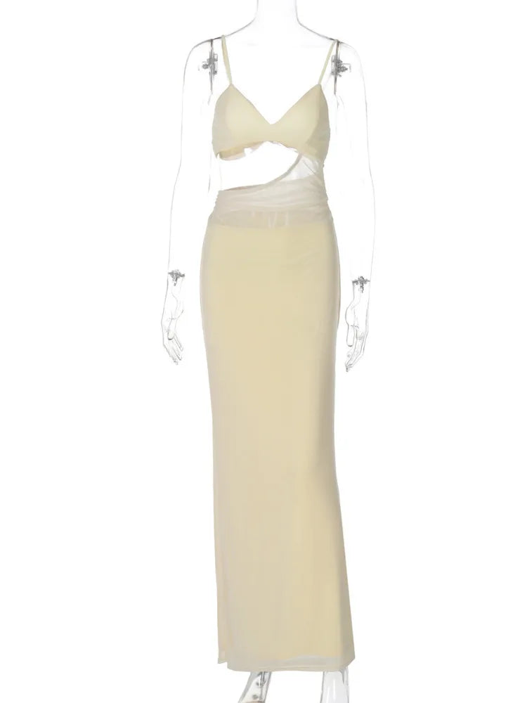 Maxi mesh dress with lining, featuring cutout and open back design - Jane