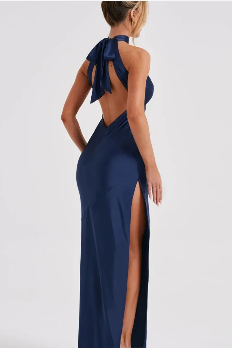 Maxi Satin Collar Dress with Slit Detail - Amari
