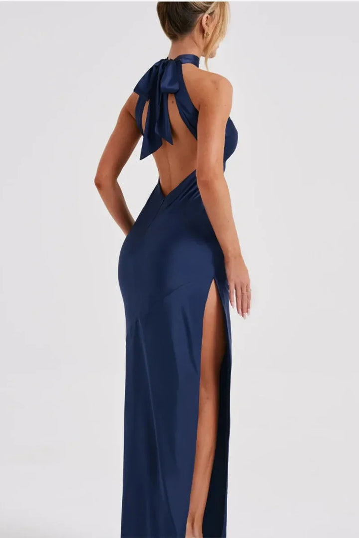 Maxi Satin Collar Dress with Slit Detail - Amari