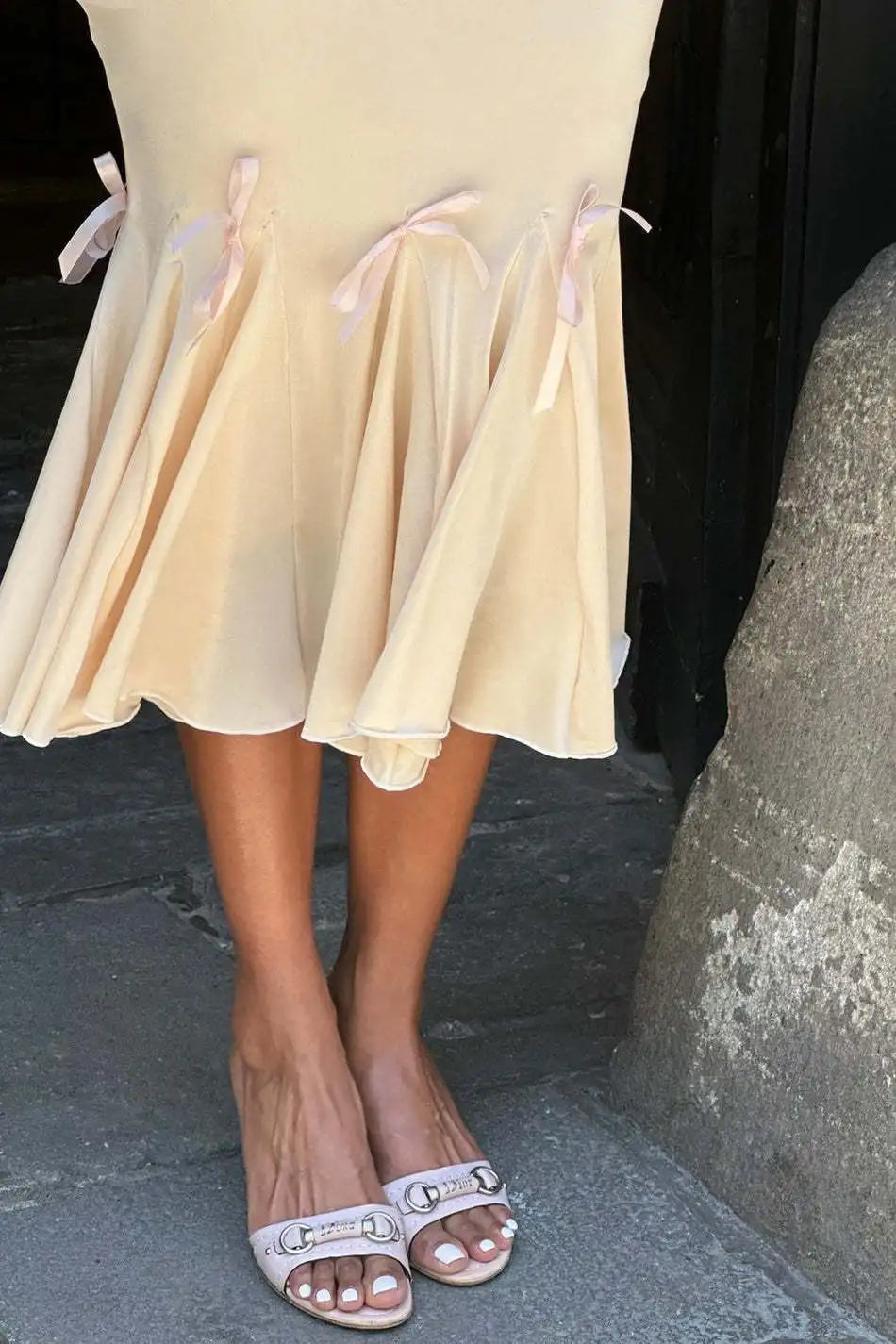 Mermaid Cut Midi Dress with Bow Decorations and Off-Shoulder Straps - Maren