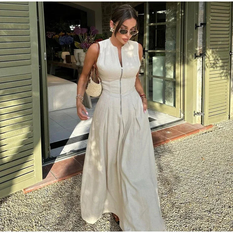 Tailored A-Line Maxi Dress with Front Zipper Closure - Adriana