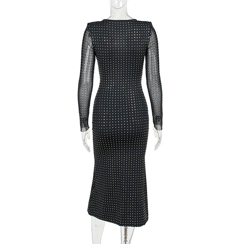 Maxi evening dress with sequins, decorated with a tie neckline - Michaela