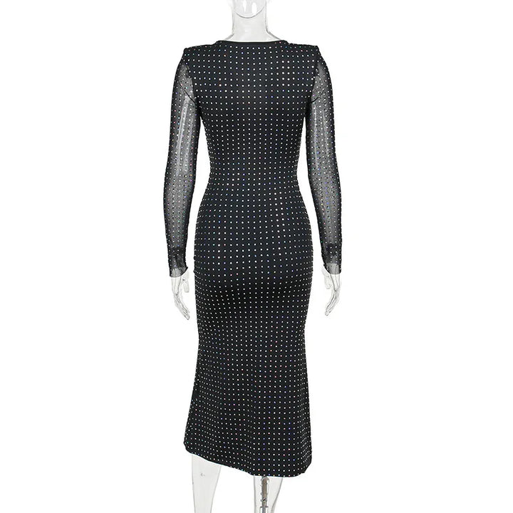 Maxi evening dress with sequins, decorated with a tie neckline - Michaela