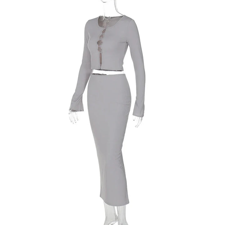 Knitted two-piece set: button-up shirt and fitted maxi skirt - MARIEL