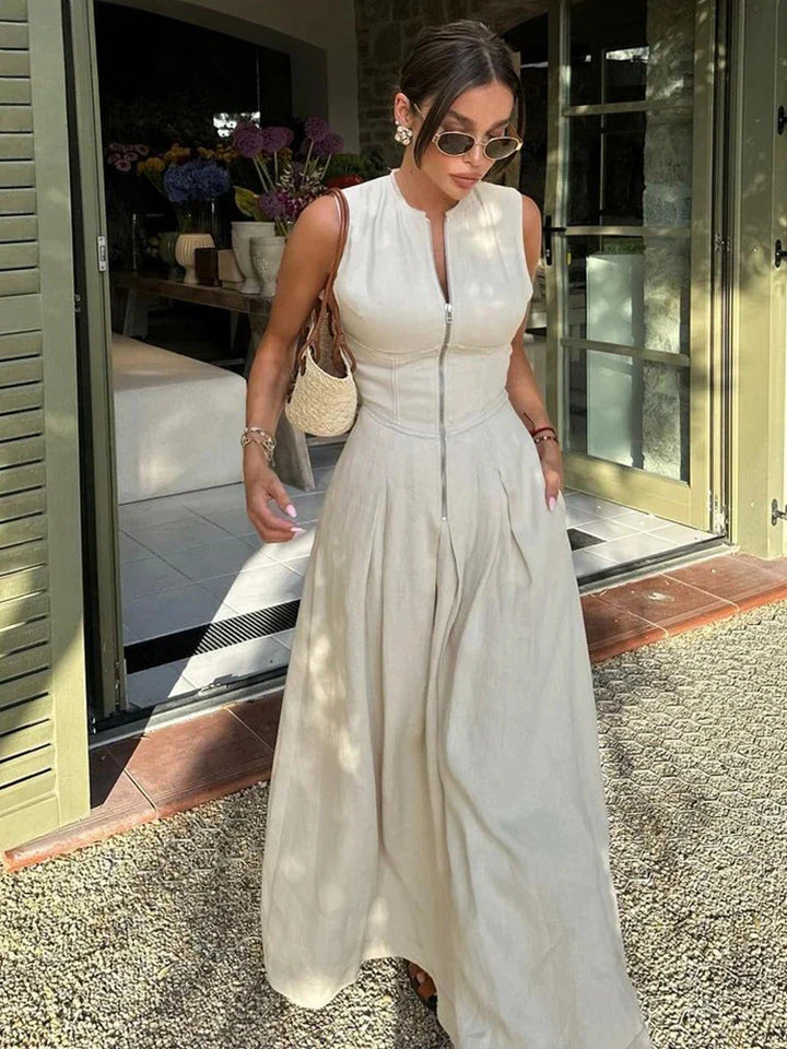 Tailored A-Line Maxi Dress with Front Zipper Closure - Adriana