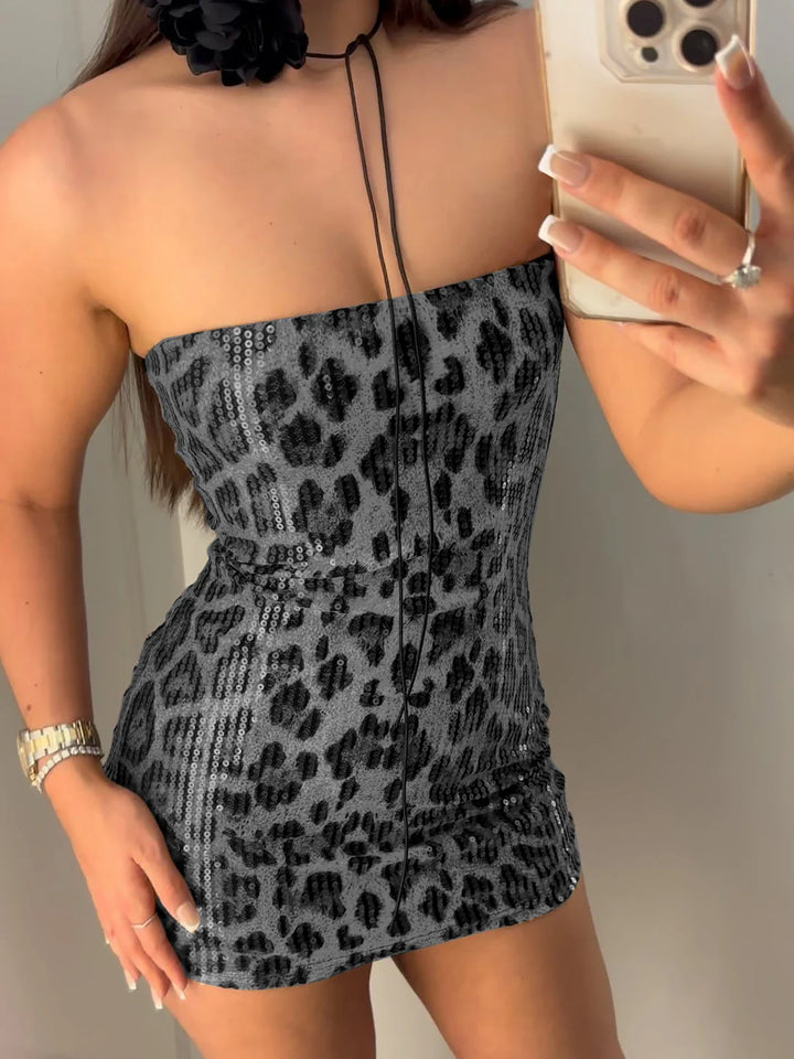 Strapless Sequin Leopard Print Mini Dress - Veronica