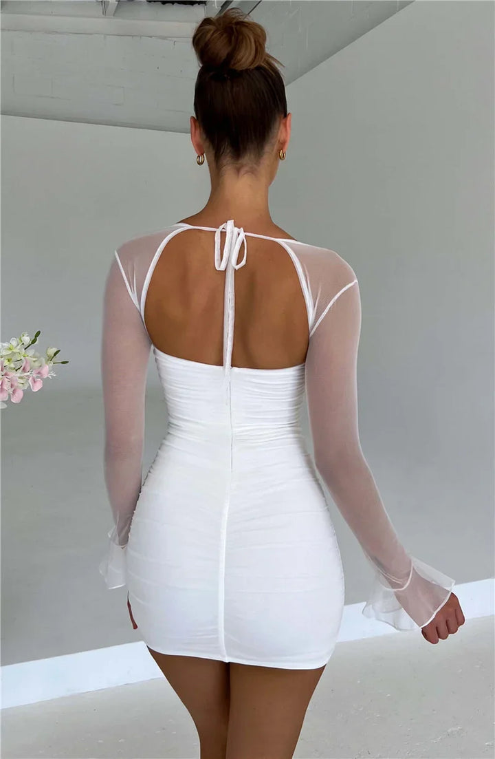 Ruched mini dress with open back and mesh sleeves - Ariana