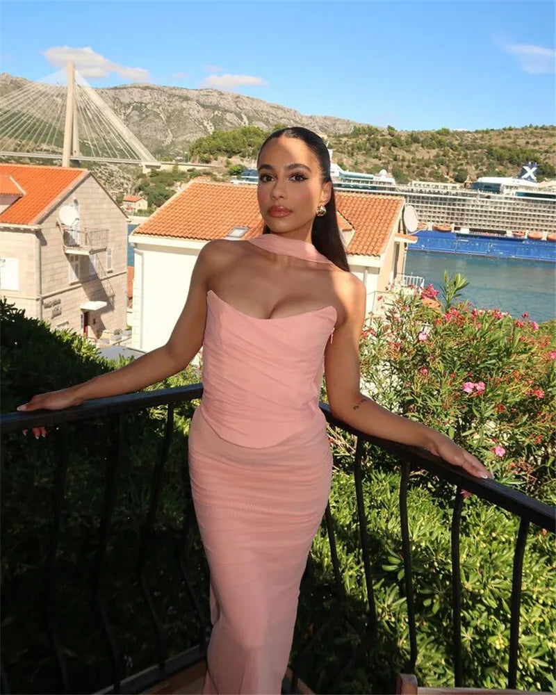 Two-Piece Set with Strapless Top and Maxi Skirt with Matching Scarf Detail - Francia