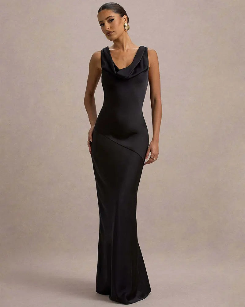 Maxi satin dress with draped collar and open back - Alexis