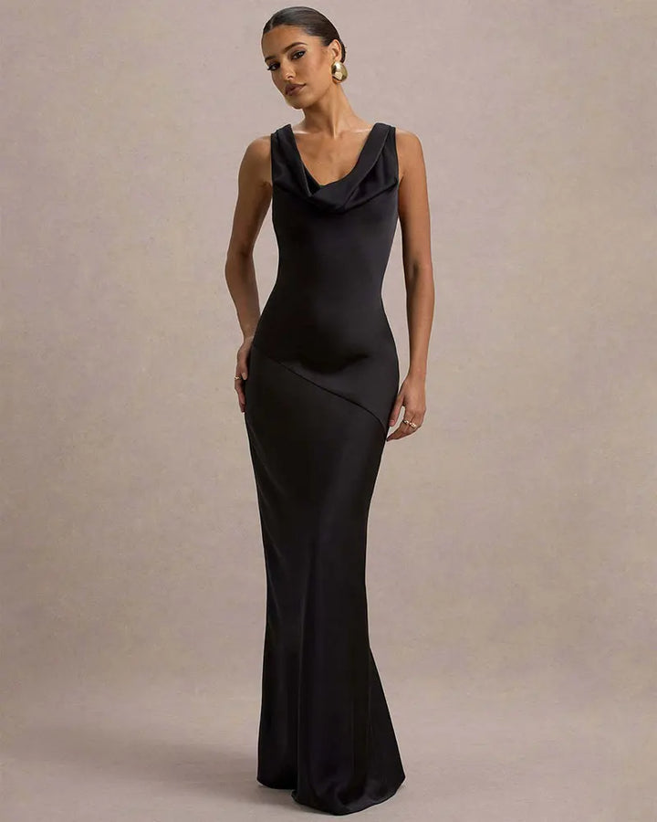 Maxi satin dress with draped collar and open back - Alexis