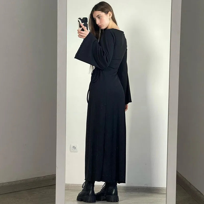 Modest knitted A-line maxi dress with waist ties - Liri