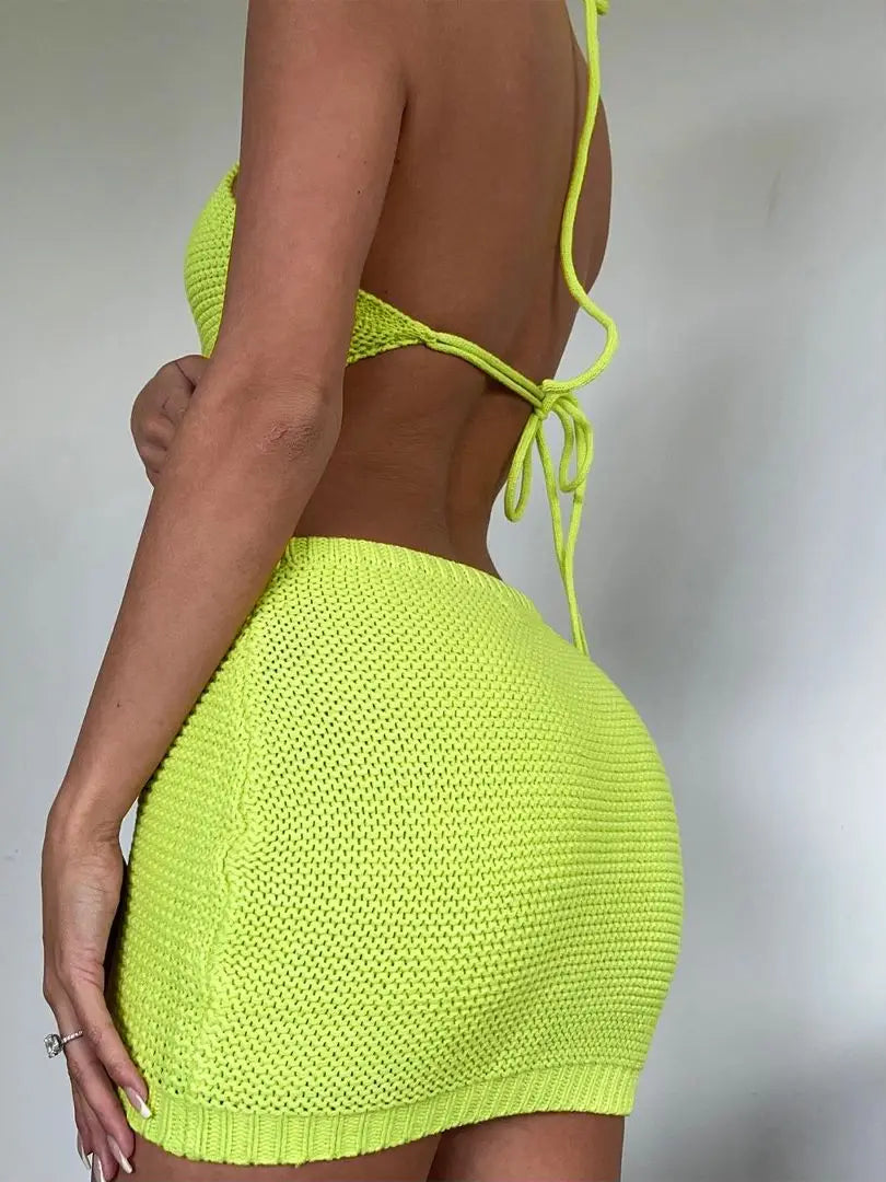 Knitted Beach Mini Dress with Open Back - Yialo