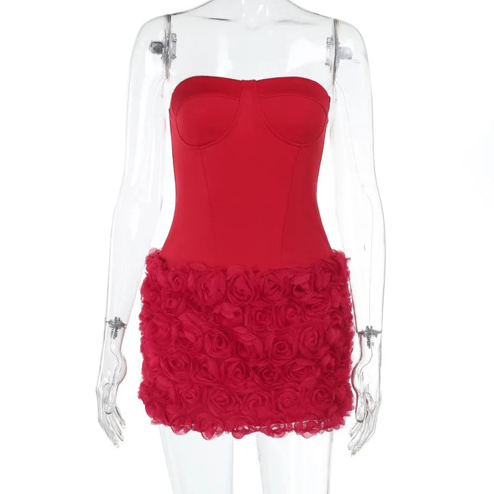 Strapless mini dress with corset design and 3D floral skirt - Loretta